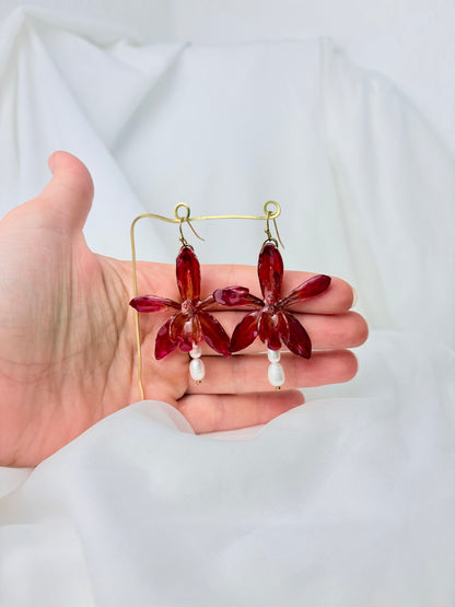 Rote Orchideen Perlen Ohrringe