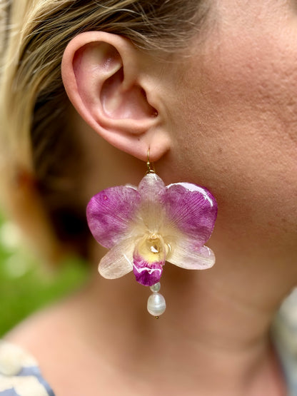 Lila Orchideen Perlen Ohrringe